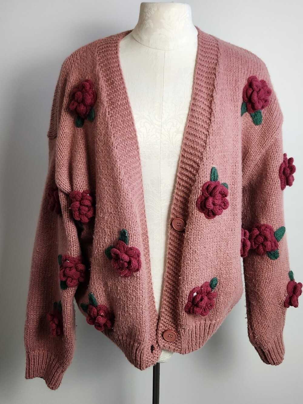 3D Knit Flower Cardigan Sweater Chunky Cottagecore Cozy Grandma Oversized Baggy
